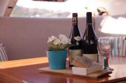 Wine bottles and flowers on the table